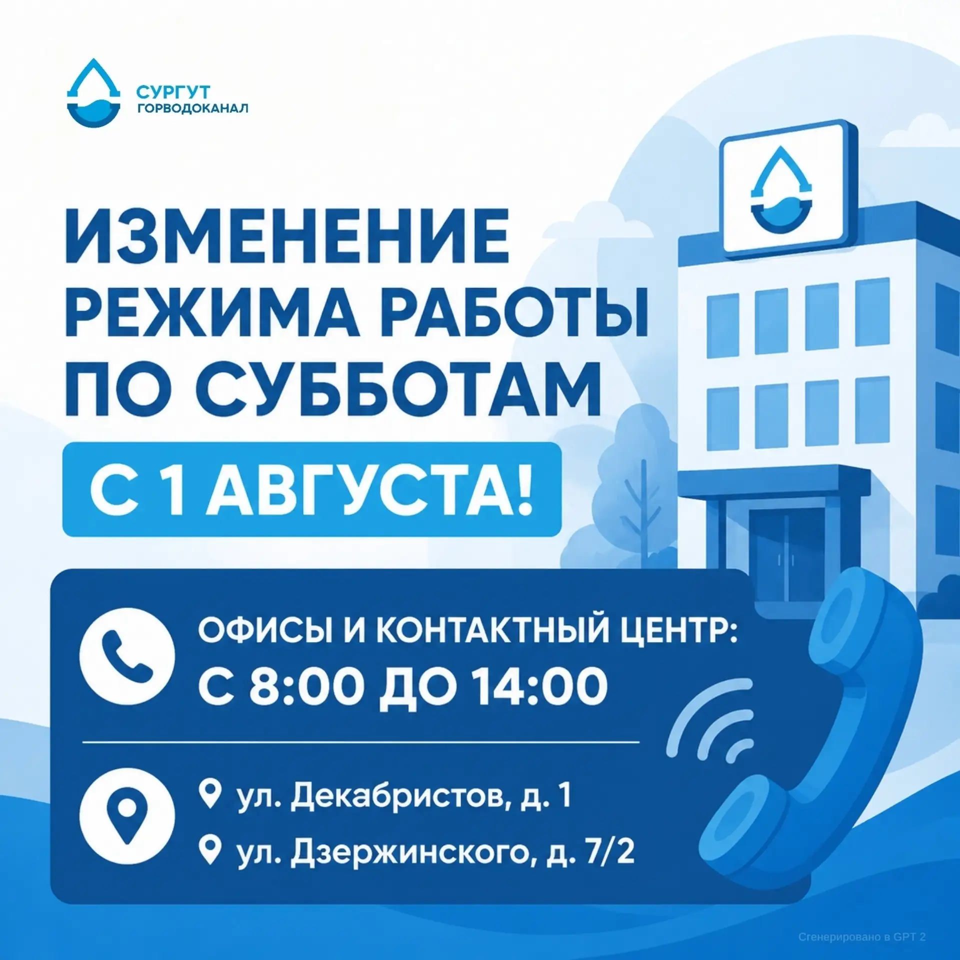 📢 Изменение режима работы по субботам!

С 1 августа этого года в СГМУП "ГВК" меняется режим работы 