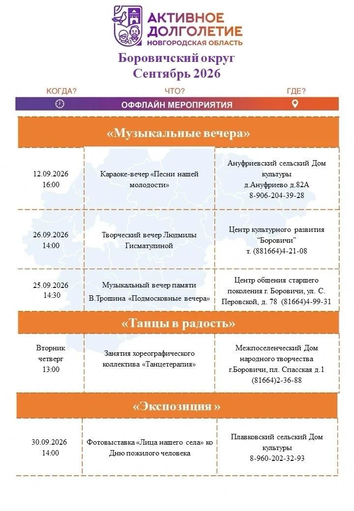 Афиша мероприятий на сентябрь в рамках регионального проекта «Активное долголетие».