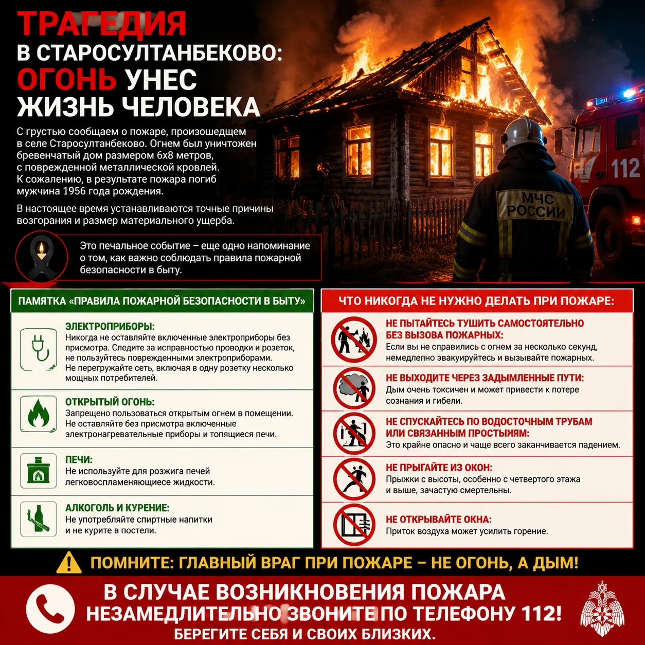 Трагедия в Старосултанбеково: огонь унес жизнь человека