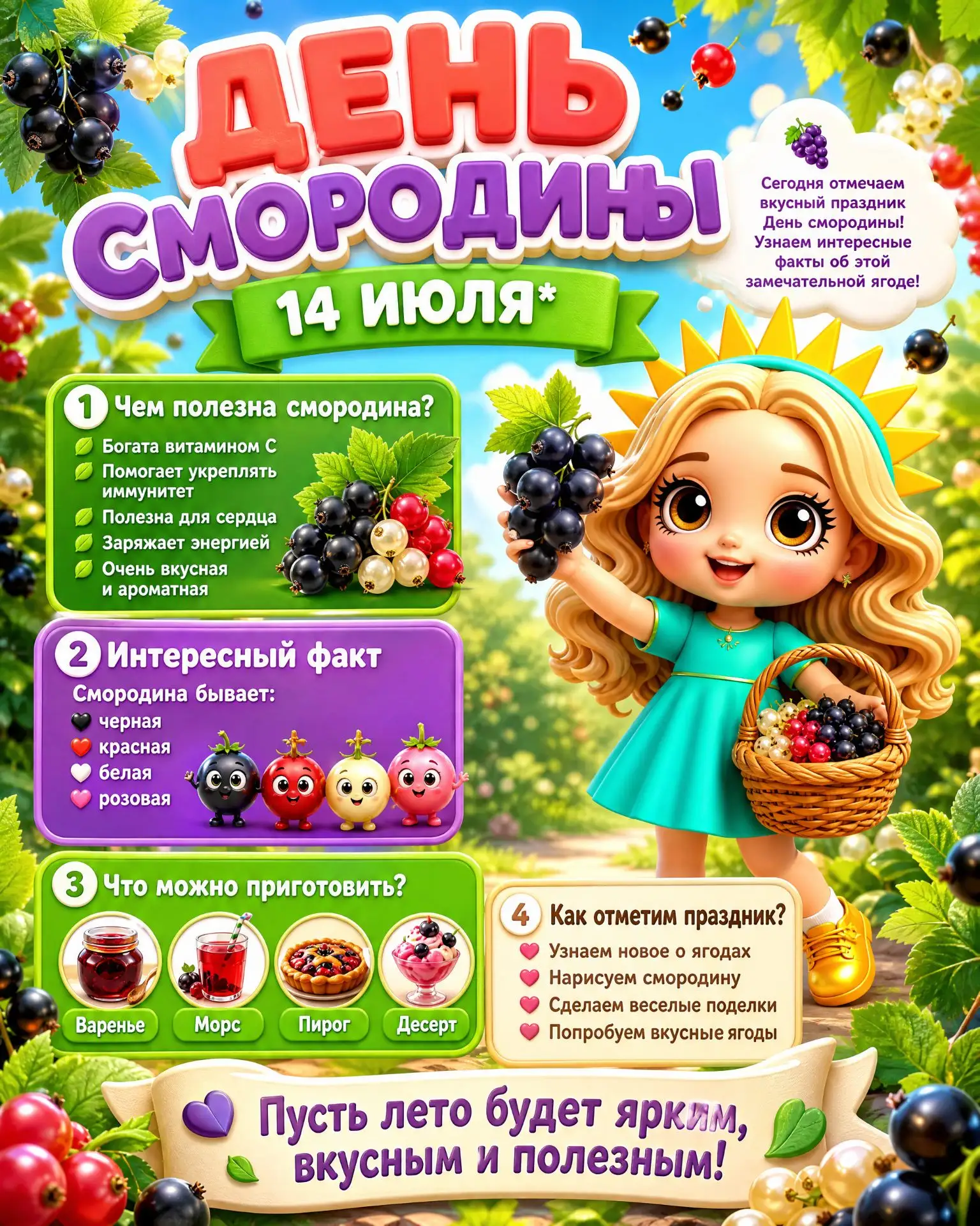 💥 14 июля — День смородины! 🫐❤️
Лето щедро делится своими дарами, и сегодня главная героиня дня — 