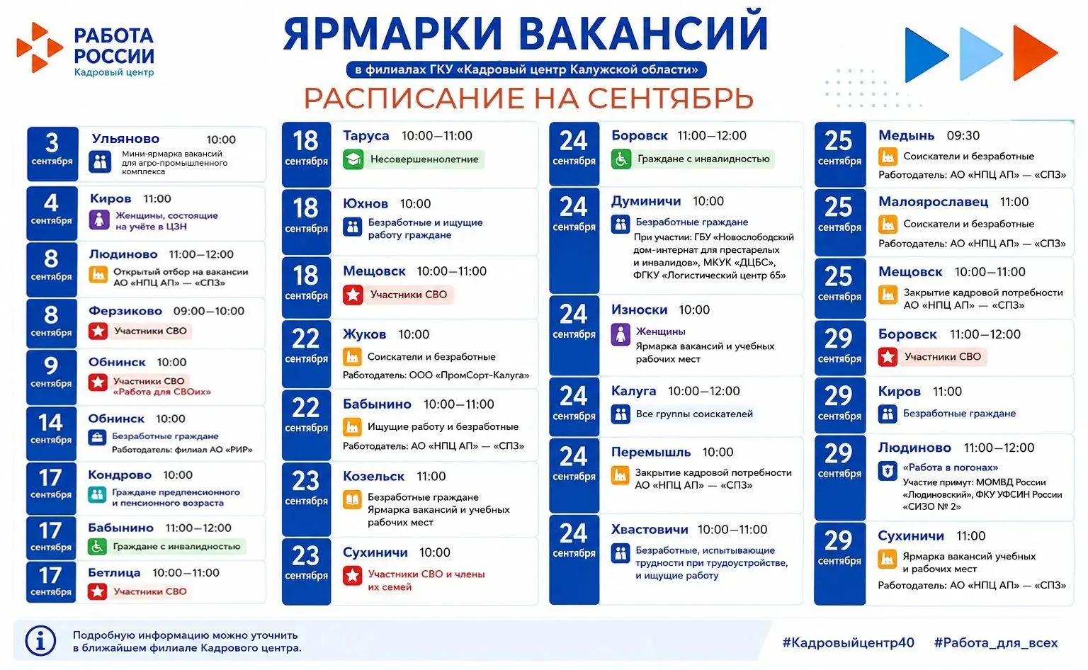 📢 В сентябре в филиалах ГКУ «Кадровый центр Калужской области» пройдут мини-ярмарки ва...