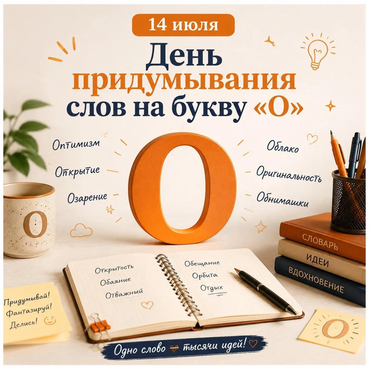 День придумывания 27 слов на букву «🅾️» отмечается 14 июля.

🔻Это неформальный творческий праздник