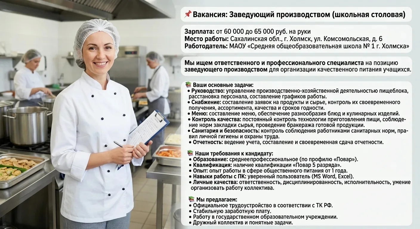 📌 Вакансия: Заведующий производством (школьная столовая)

Зарплата: от 60 000 до 65 000 руб. на рук