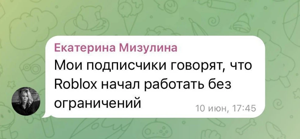 Roblox заработал в России, сообщила Екатерина Мизулина в своём канале, которой об этом ...
