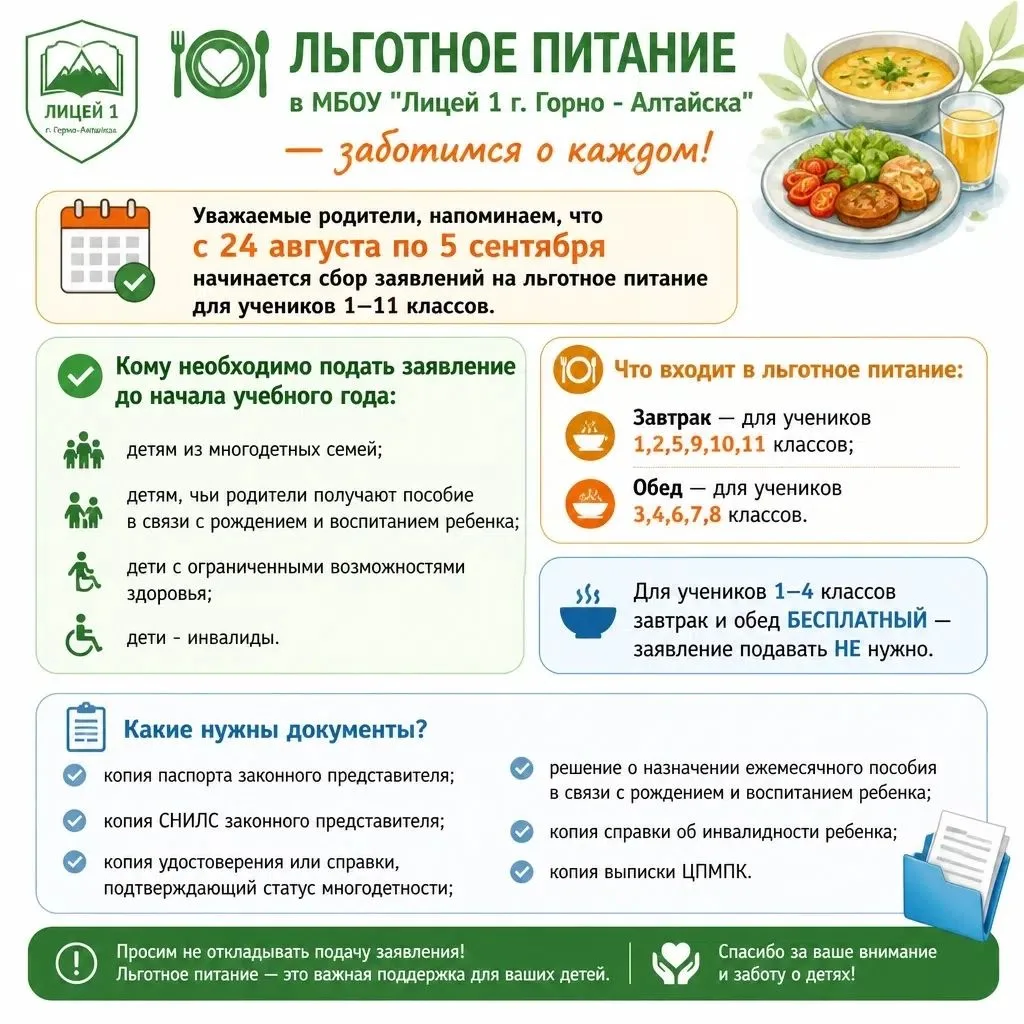 🍽️ Льготное питание в МБОУ " Лицей 1 г. Горно - Алтайска" — заботимся о каждом!