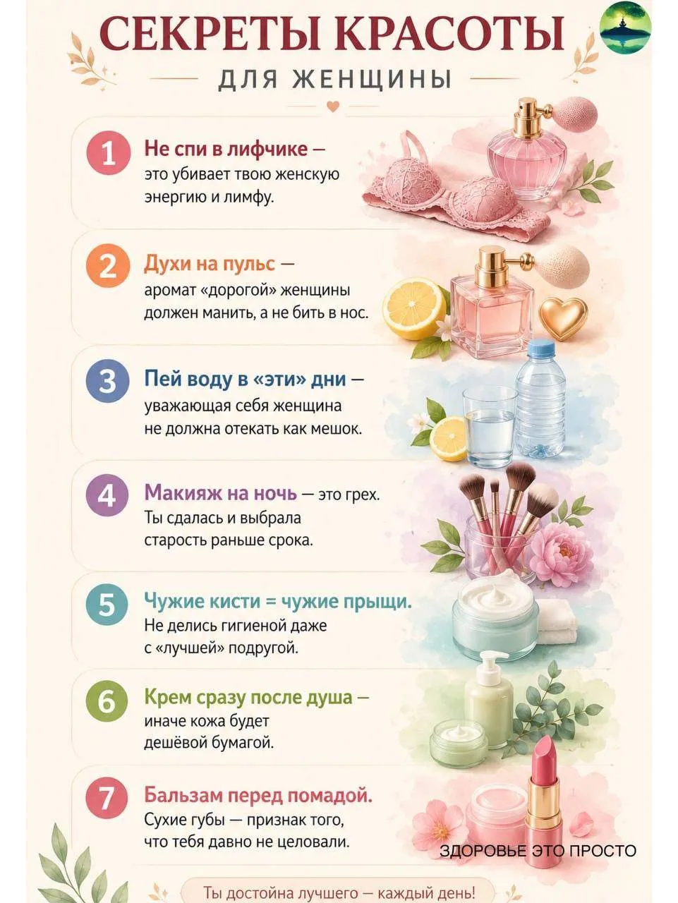 ✨ Секреты красоты для женщин

💧 Увлажняйте кожу каждый день

🌿 Высыпайтесь и отдыхайте

🥗 Питайте