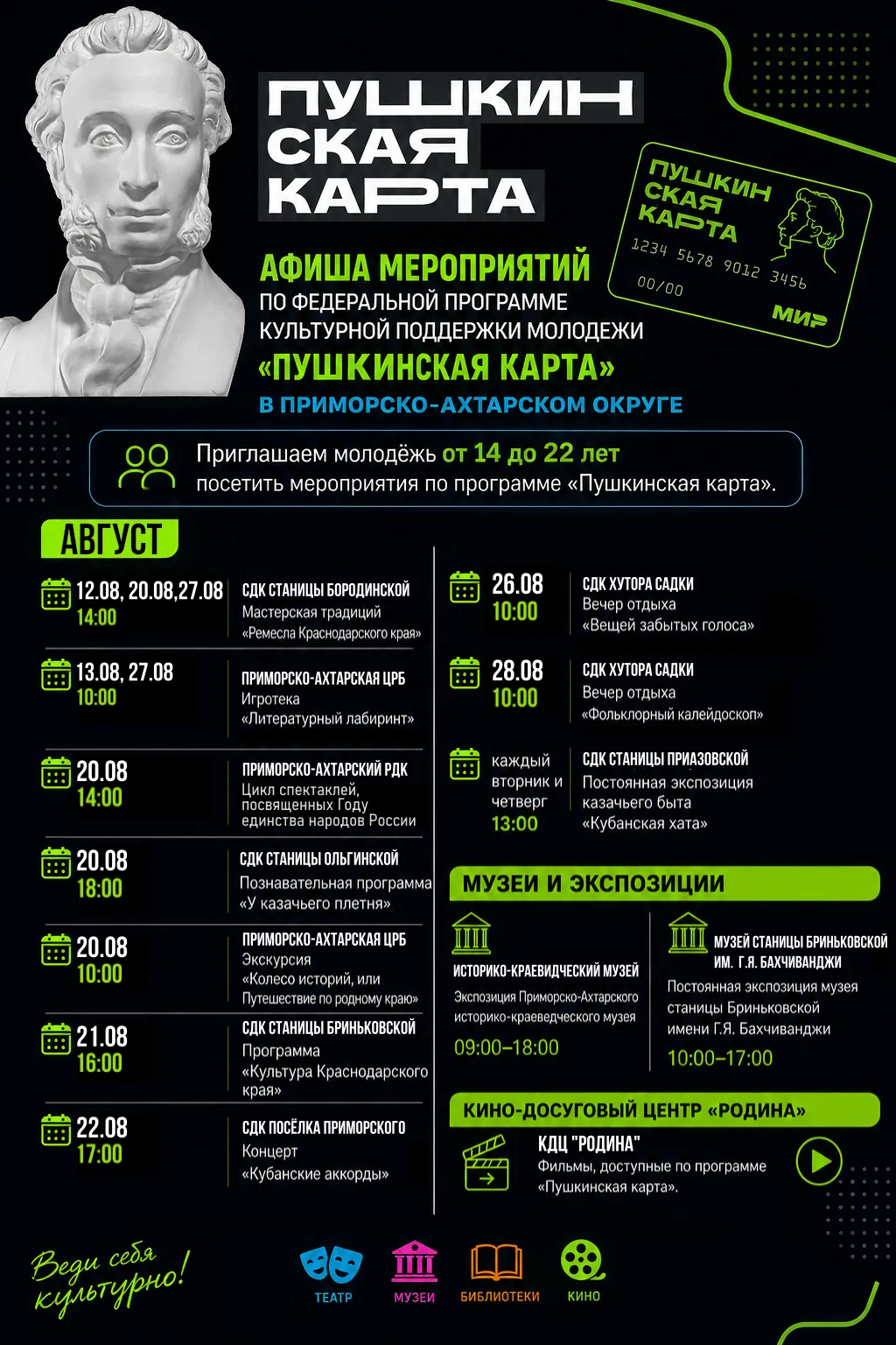 Культурные каникулы: мероприятия по «Пушкинской карте» в Приморско-Ахтарском округе