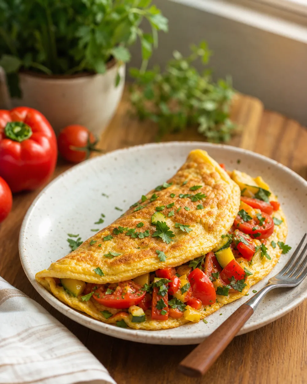 Омлет с овощами на одну большую порцию 🍳

Взбейте 2 яйца, добавьте 80–100 мл молока по желанию, пом