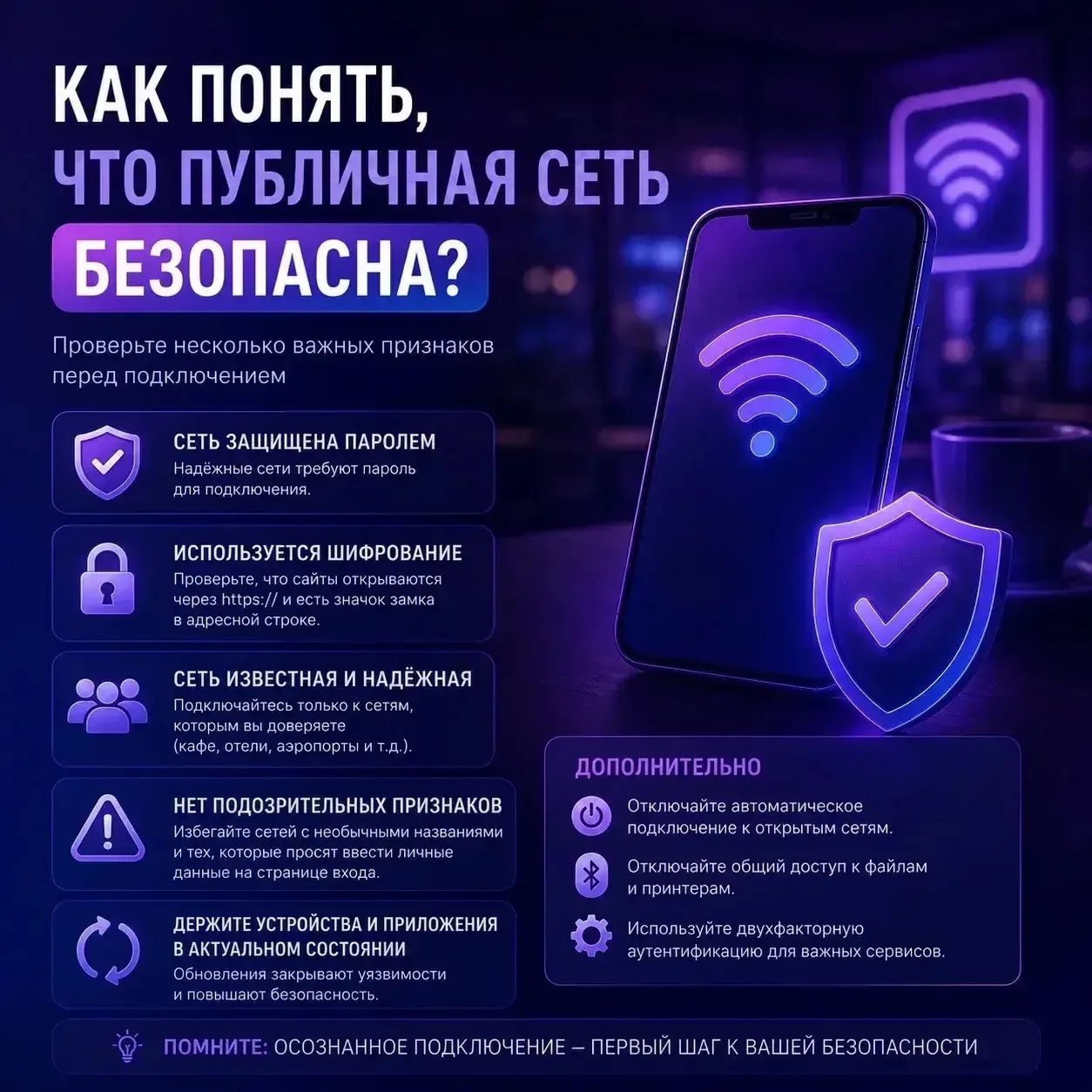 Рубрика «5 минут на безопасность».

Быстрый чек-лист, как понять, что публичная сеть безопасна.

Под
