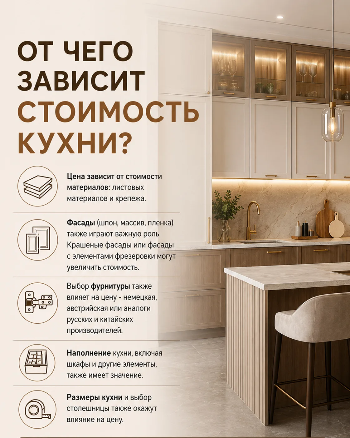 ✨ От чего зависит стоимость кухни?  

🔹 Материалы:  
Стоимость напрямую зависит от выбранных матери