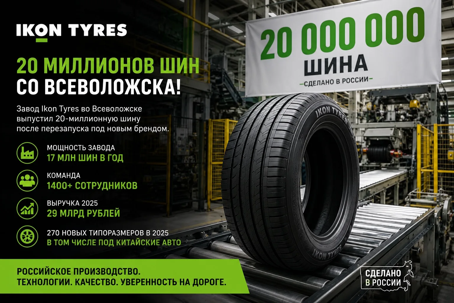 Завод Ikon Tyres выпустил 20-миллионную шину.