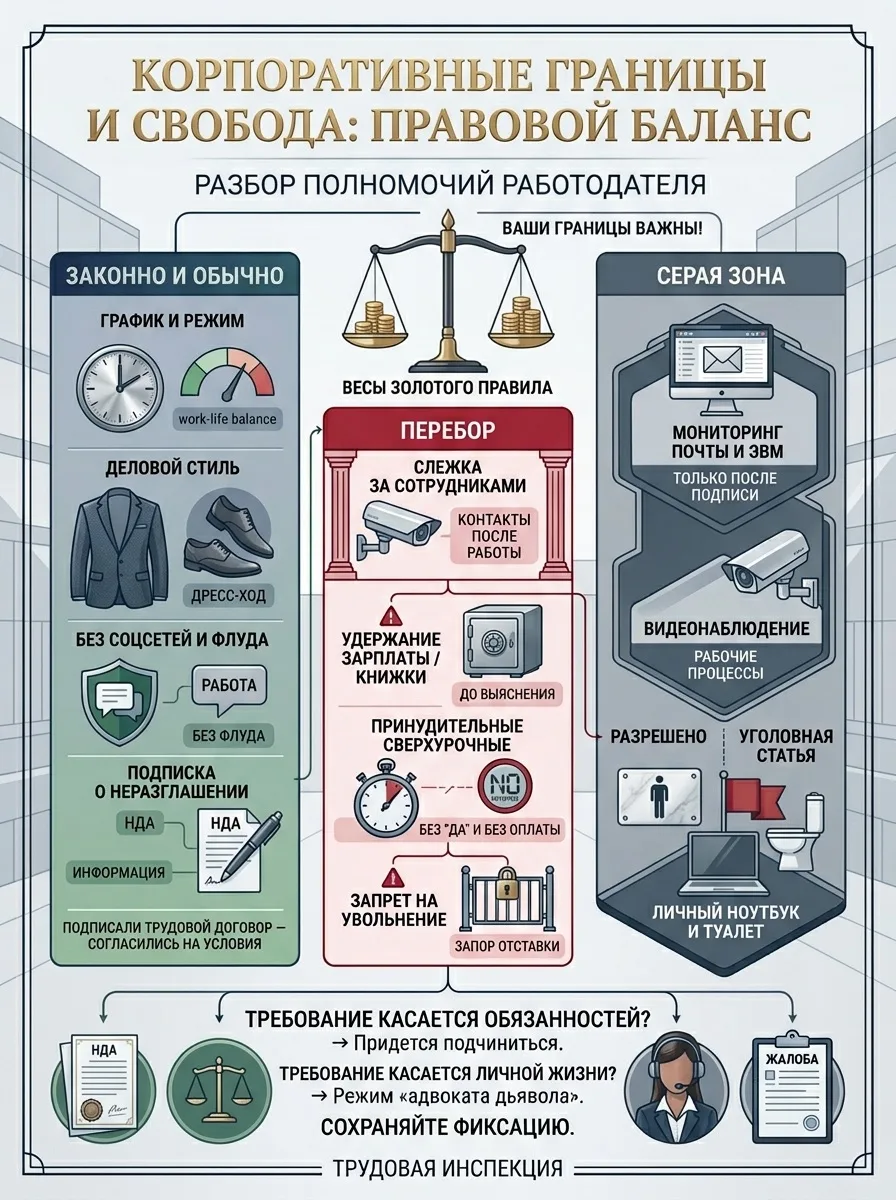 МОЖЕТ ЛИ РАБОТОДАТЕЛЬ ОГРАНИЧИВАТЬ ВАШУ СВОБОДУ?

Представьте: вы приходите в офис, а вам говорят, ч