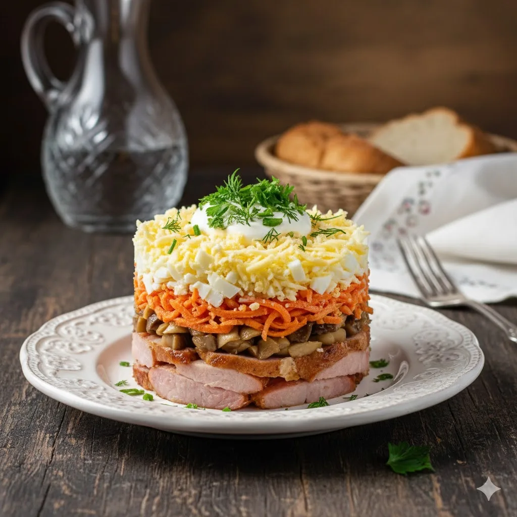 🥗Салат «Купеческий дар» с бужениной и грибами🥗
⏱20 минут | 230 ккал(100 г)

🛒Что нужно:
🥩Буженин