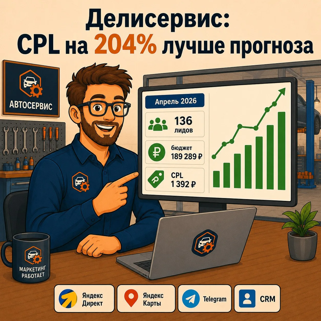 Делисервис: CPL на 204% лучше прогноза

Апрель 2026, Делисервис:
— 136 лидов
— бюджет 189 289 ₽
— CP