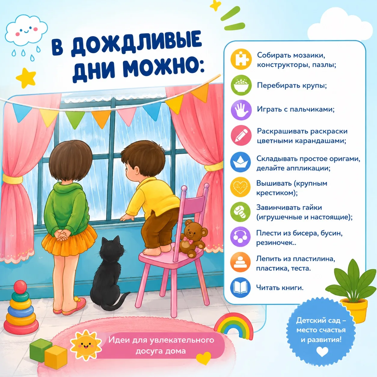 🌧️ Чем занять ребёнка в дождливый день?

Пасмурная погода — не повод скучать! Дождливые дни можно п