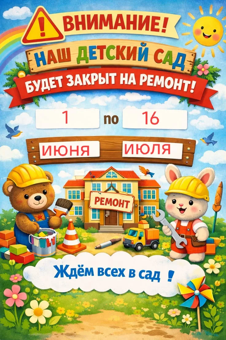 🌟 Дорогие наши родители! 

Наш сад временно закрывает свои двери на ремонт.
Мы усердно работаем, чт