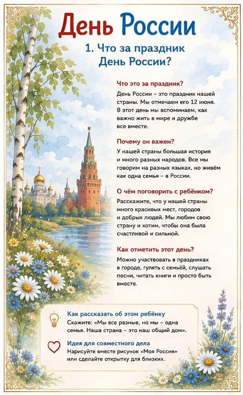🎉 День России: рассказываем детям просто и интересно! Подробнее в наших карточках🇷🇺       #ГодДош
