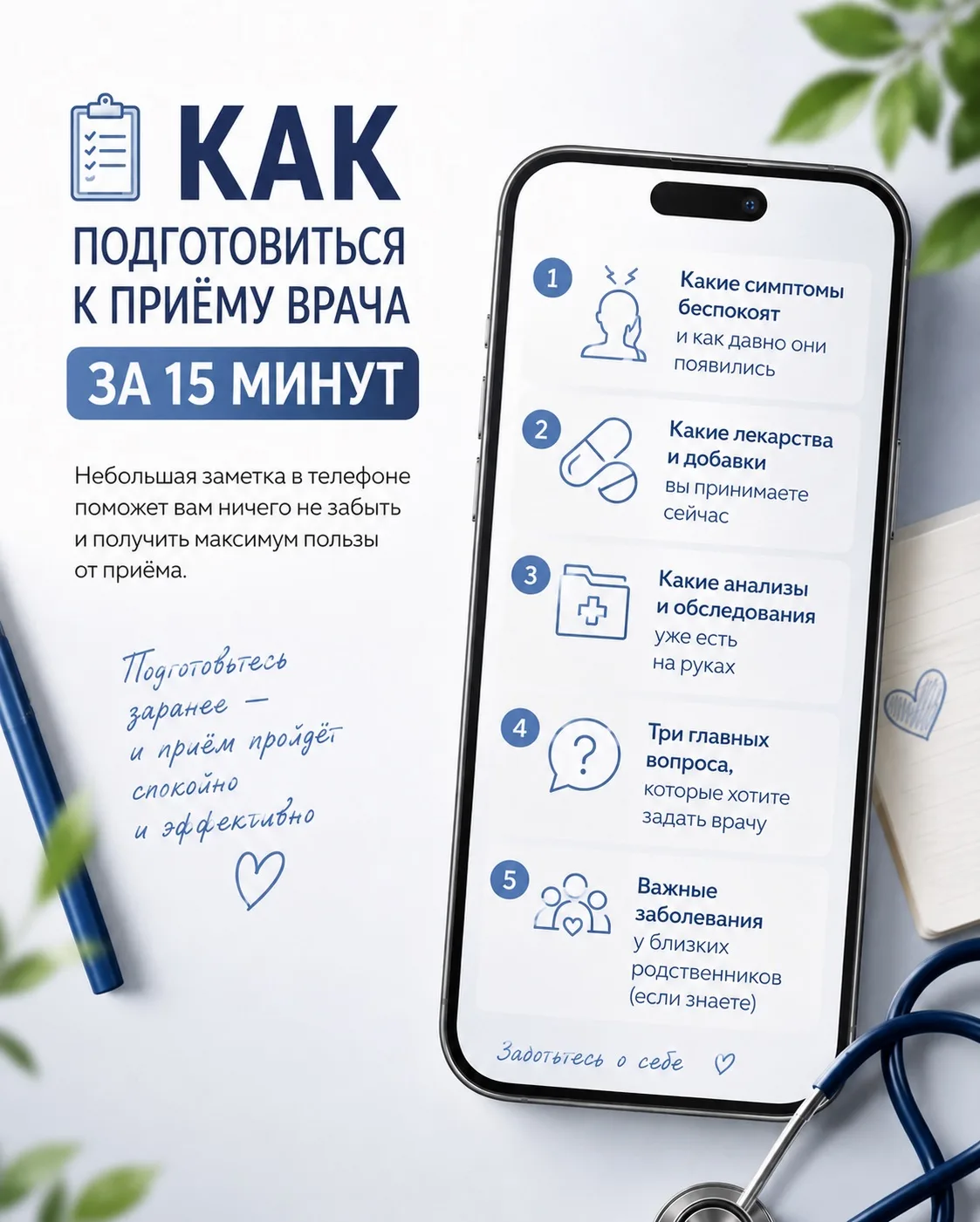 📋 На приёме у врача легко забыть самое важное.

Когда заходишь в кабинет, мысли часто путаются: всп