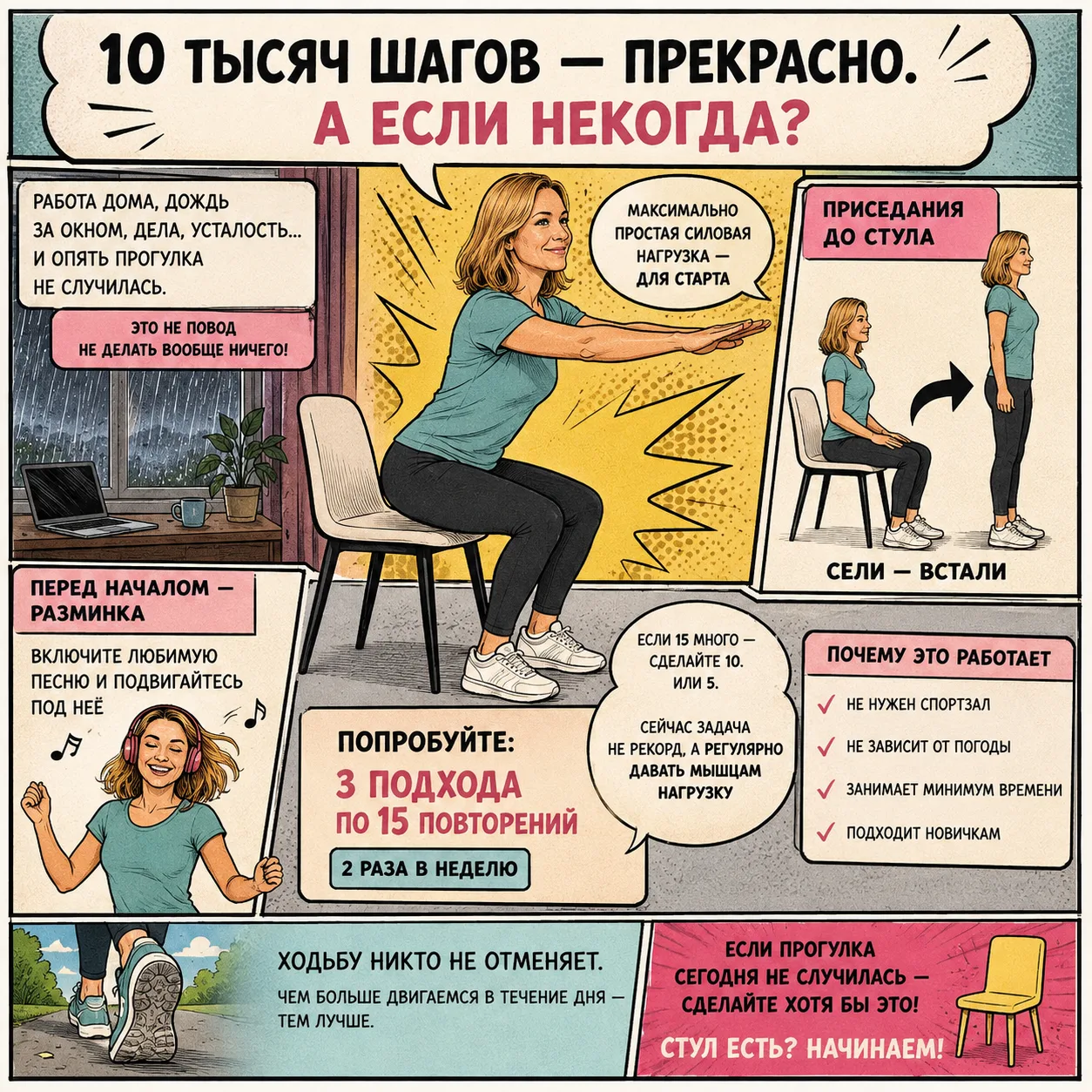 10 тысяч шагов — прекрасная цель. Но для многих это полтора-два часа прогулки. Можно, к...