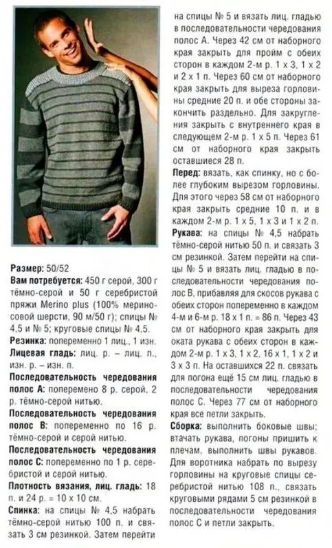 Мужской пуловер / описание
 
Пуловер связан из 100% мериносовой шерсти. Описание работы составлено н