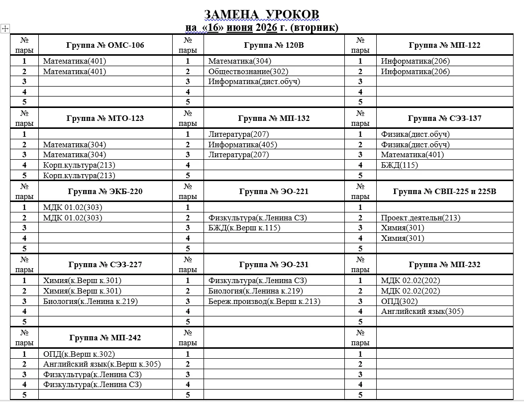 Изменения в расписании на 16.06