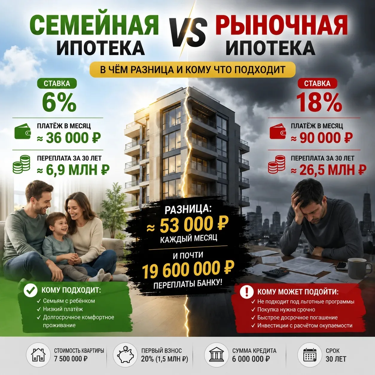 🏠 Семейная ипотека vs рыночная

Сейчас покажу тебе, как люди добровольно переплачивают банку почти 
