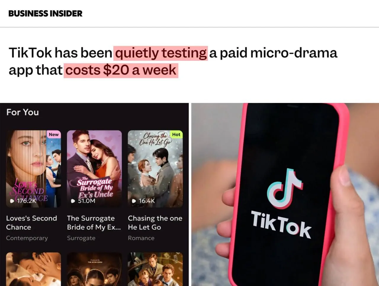 TikTok запустил продажу мини-сериалов. Подписка на минутные серии стоит $20 в неделю, а основное при