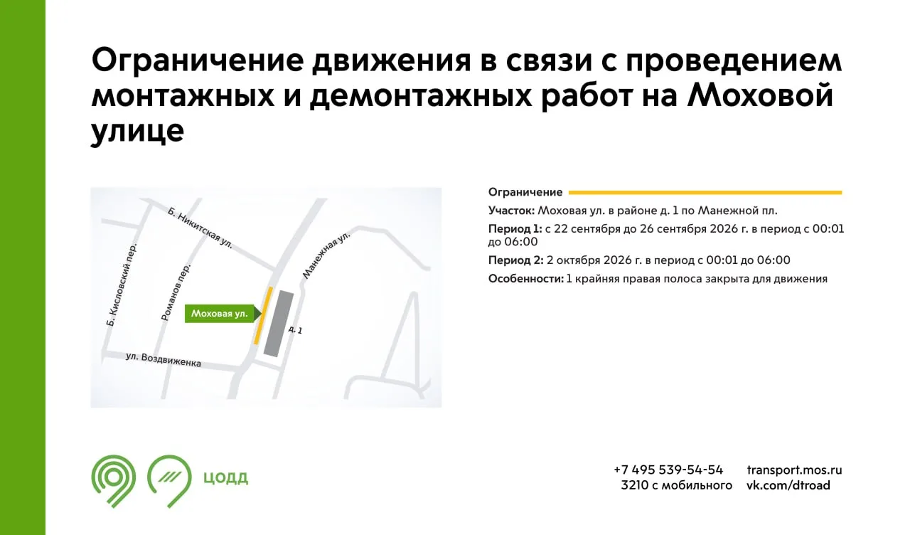 С 22 до 26 сентября и 2 октября в период с 00:01 до 06:00 на участке Моховой улицы буде...
