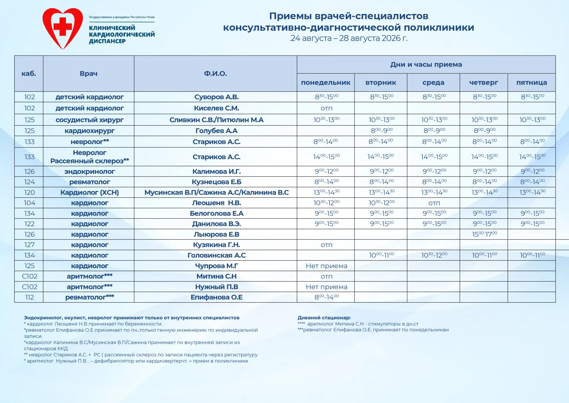 🚩 График работы специалистов консультативно-диагностической поликлиники ККД с 24 по 28...