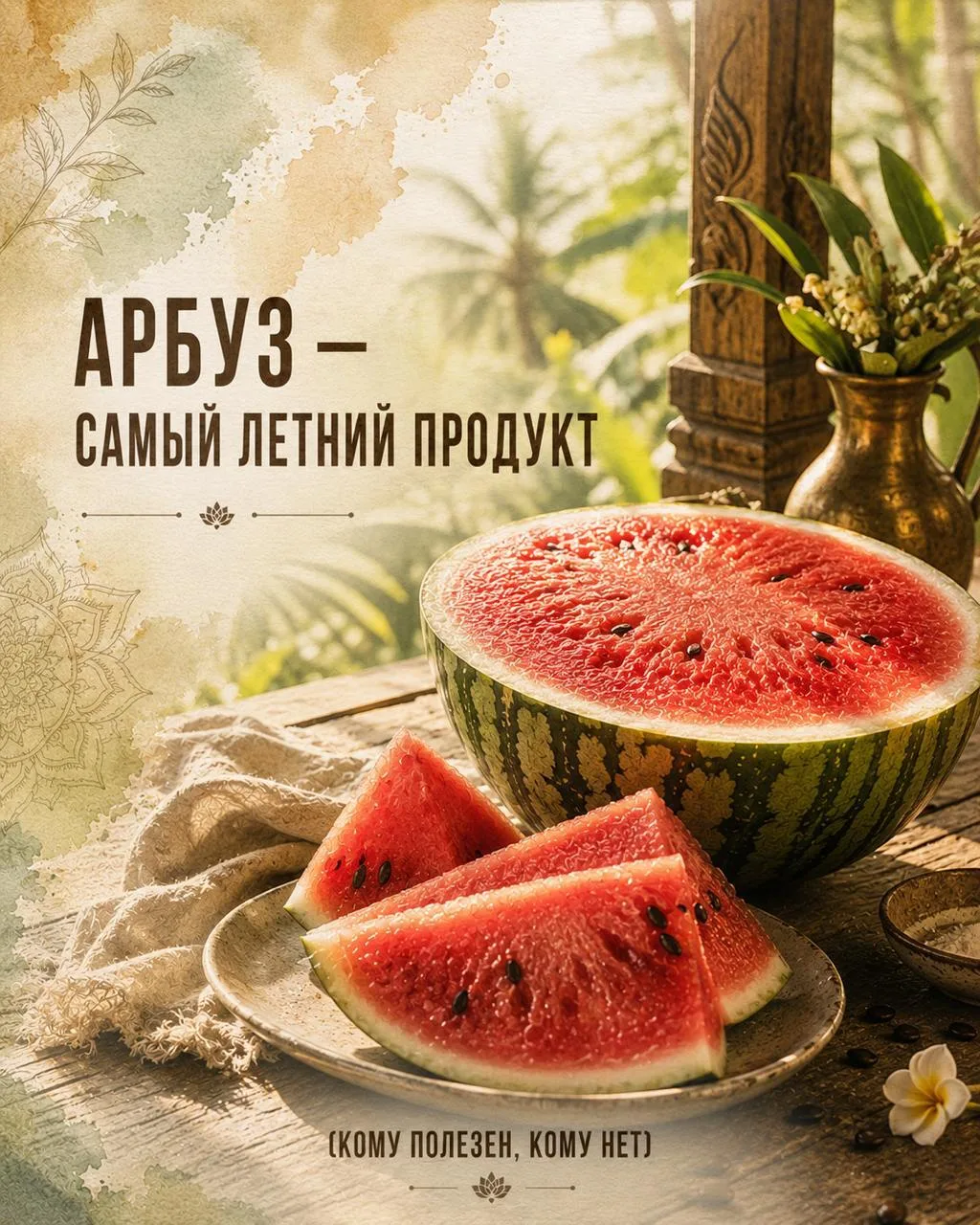 Арбуз - самый летний продукт. И один из самых спорных по аюрведе.

Все едят. Много. Вечером на даче,