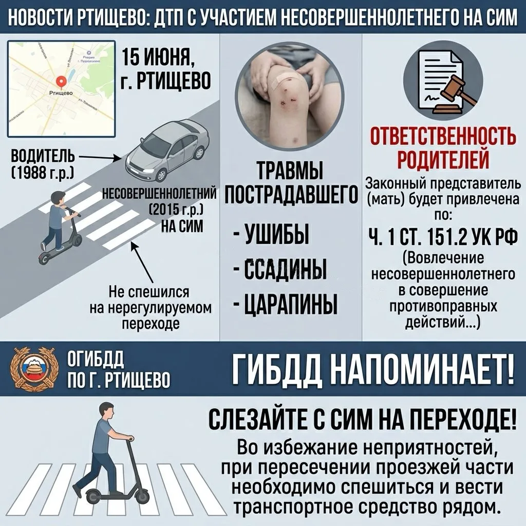 15 июня в городе Ртищево произошло ДТП с участием водителя 1988 года рождения и несовершеннолетнего 