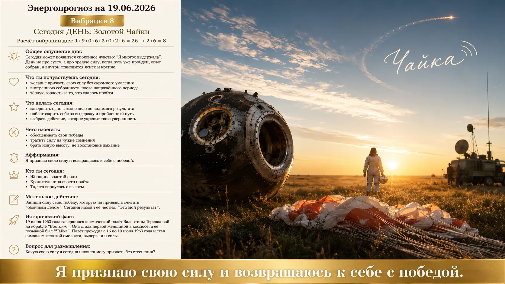 🌟 Энергопрогноз на 19.06.2026

🔢 Расчёт вибрации дня:
1+9+0+6+2+0+2+6 = 26 → 2+6 = 8

Вибрация 8 —