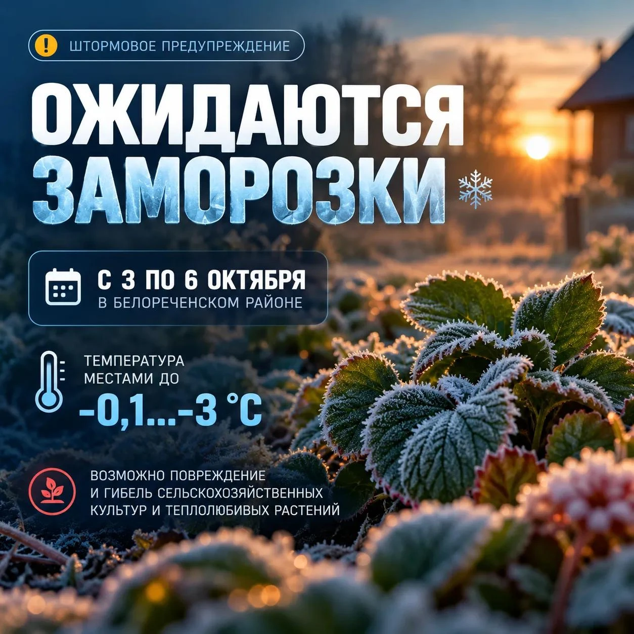 С 3 по 6 октября в Белореченском районе ожидаются заморозки