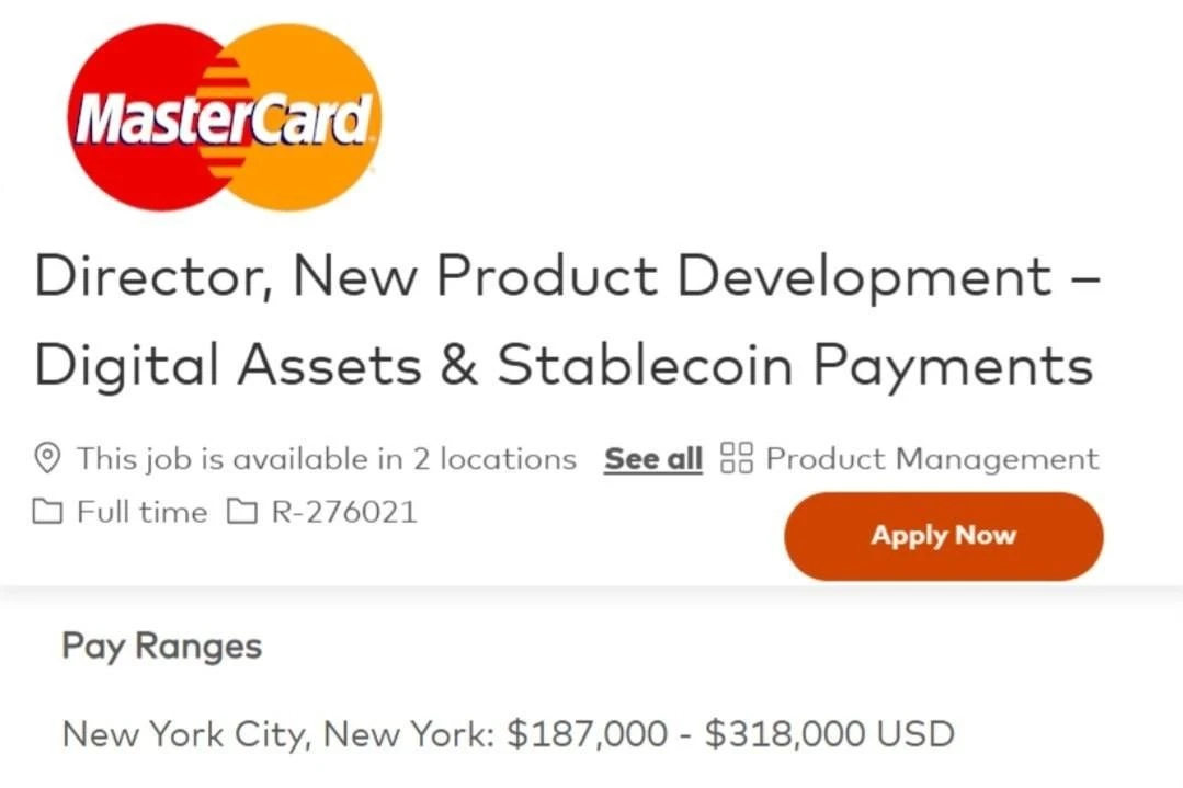 Mastercard ищет разработчика криптовалютных продуктов в Нью-Йорке.

Размер зарплаты составляет до $3