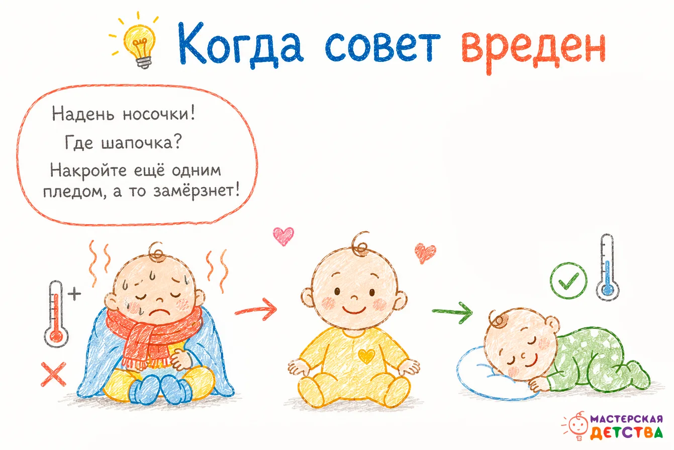 💡Когда совет вреден
«Надень носочки!», «Где шапочка?», «Накройте ещё одним пледом, а то замёрзнет!»
