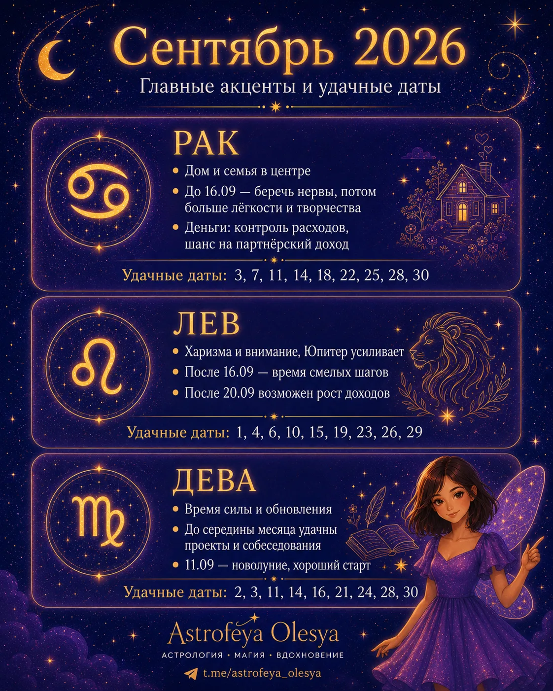 ✨ Гороскоп сентябрь: Рак, Лев, Дева