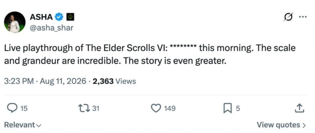 🎮 Впечатления от билда The Elder Scrolls VI

🏰 Глава Xbox Аша Шарма поделилась эмоциями после прос