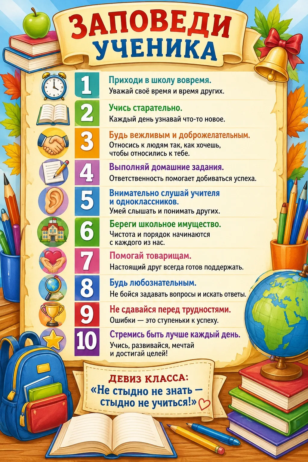Плакат "Заповеди ученика" для оформления классного уголка🏫🎓

Начальная школа