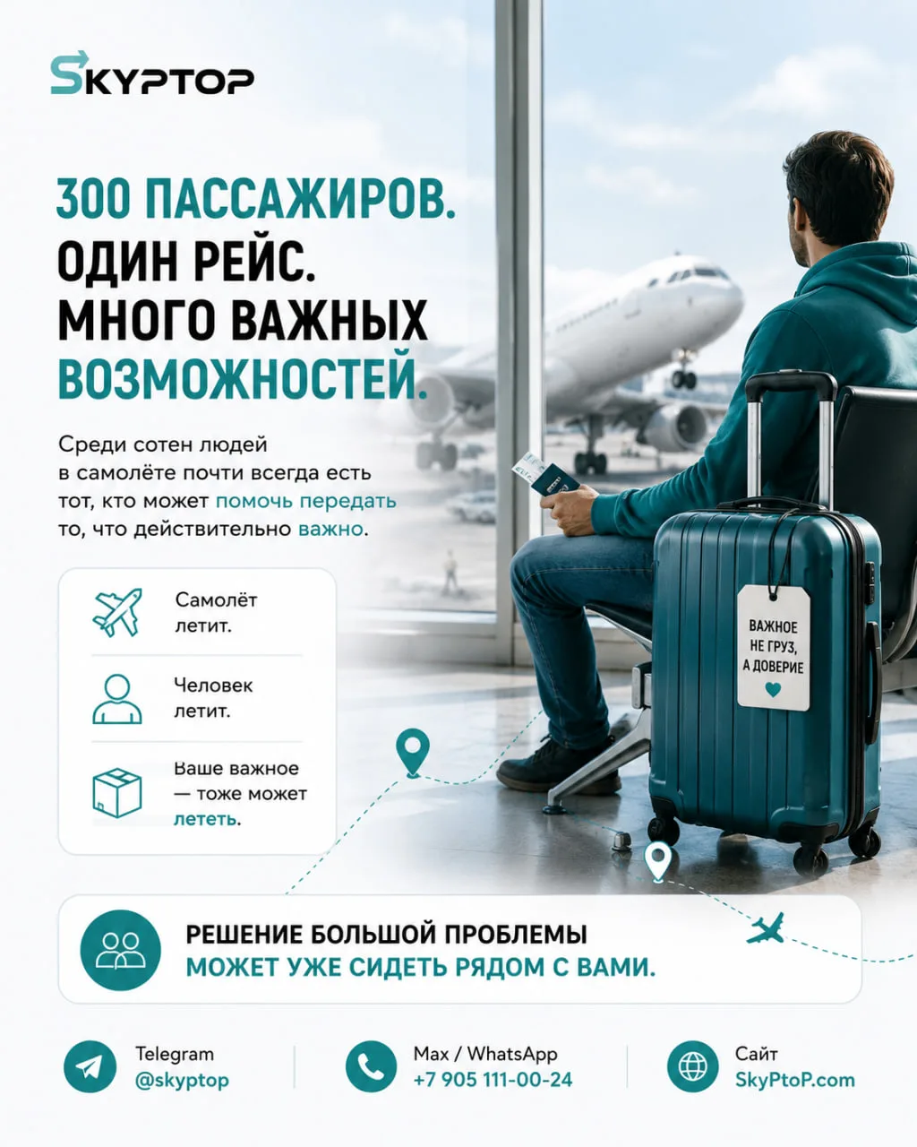 ✈️ Представьте обычный рейс.
300 пассажиров.
Каждый летит по своим делам.
⏺Кто-то возвращается домой