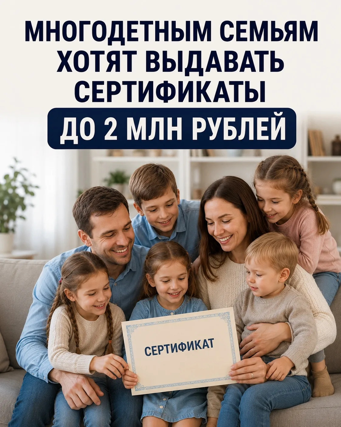 🏠 Многодетным семьям хотят выдавать сертификаты до 2 млн рублей

В Государственная Дума предложили 