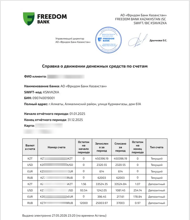 ОДДС в Фридом банке.