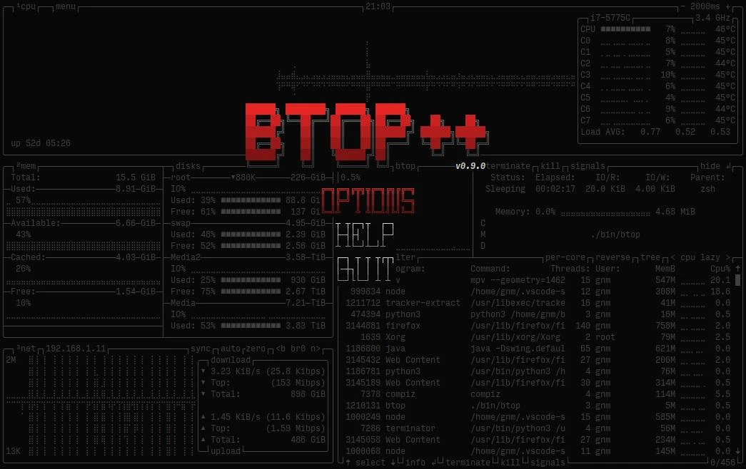 🛠Btop++ — это высокопроизводительный монитор ресурсов, написанный на C++, который предоставляет дета