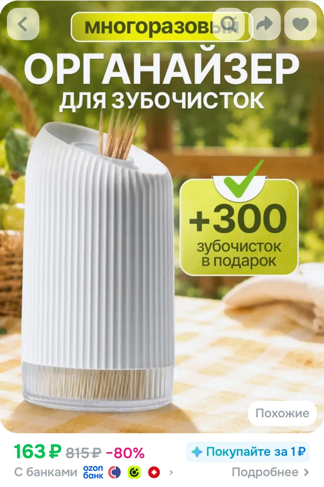 Бамбуковые двухсторонние зубочистки Warm Home в удобном контейнере для ухода за полость...