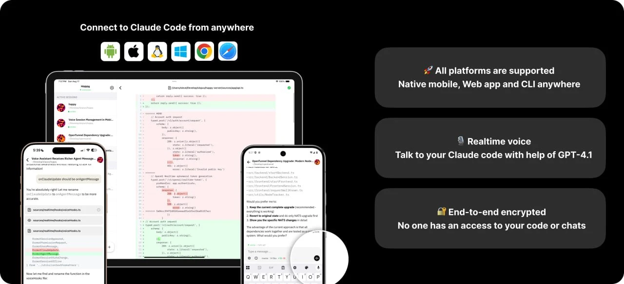 Happy Coder — мобильный и веб-клиент для Codex и Claude Code с голосовым управлением в ...