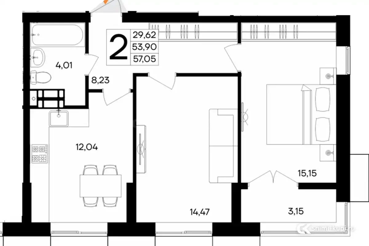 Квартира, 2-к, 57.05 м², 4 эт.