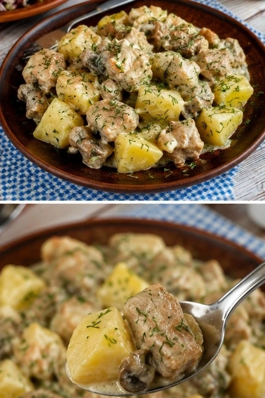 «Тушёная мясо с картошкой, грибами и сметaной»