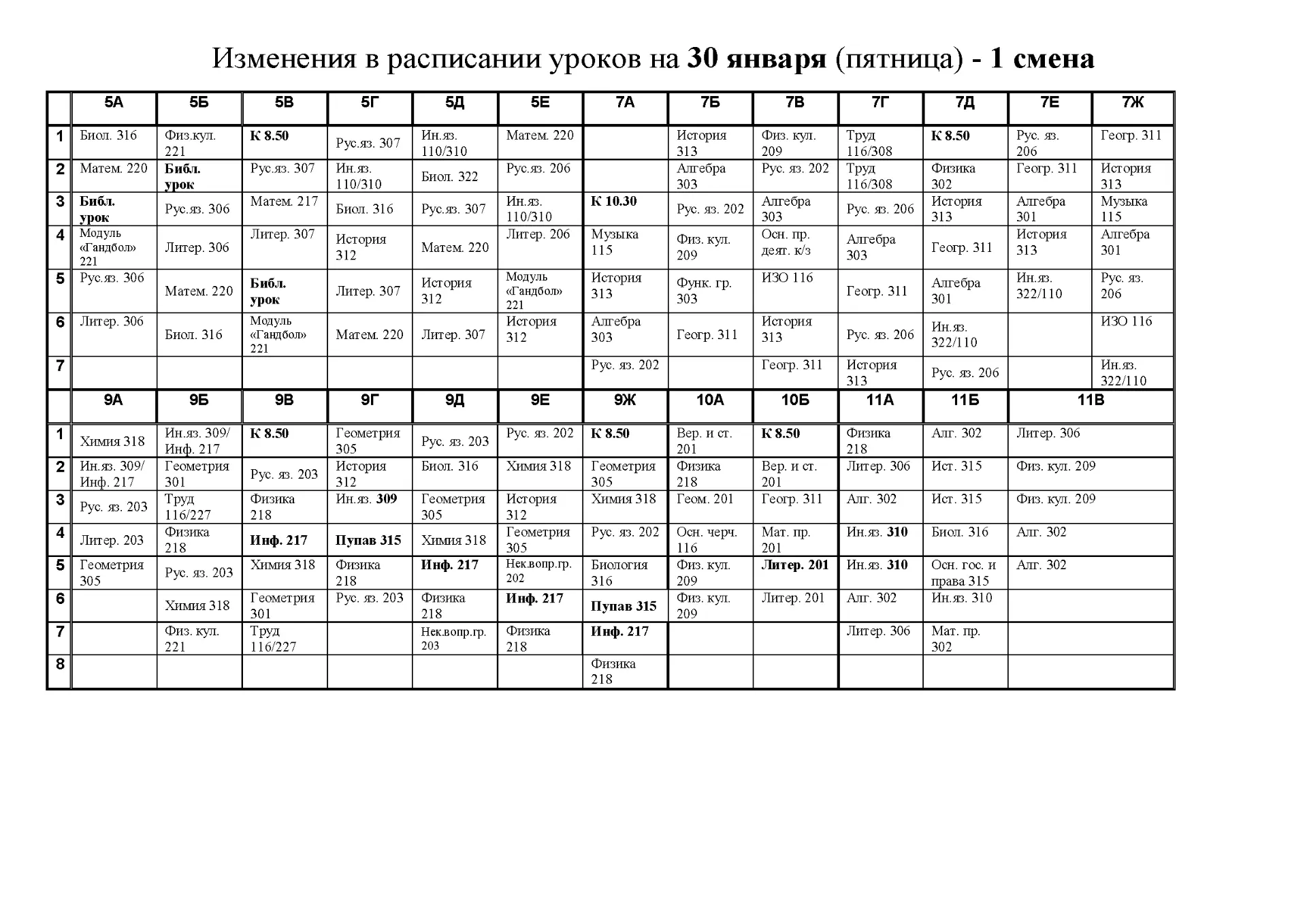 ✅ Изменения в расписании уроков для обучающихся в корпусе А на 30 января (пятница) — 1 смена.  Чтобы