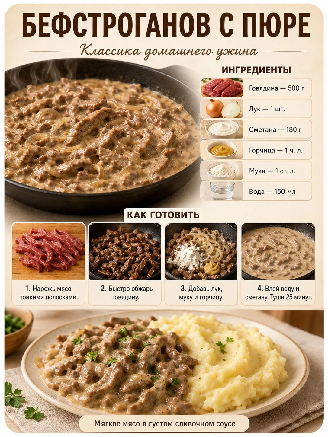 Бефстроганов с пюре