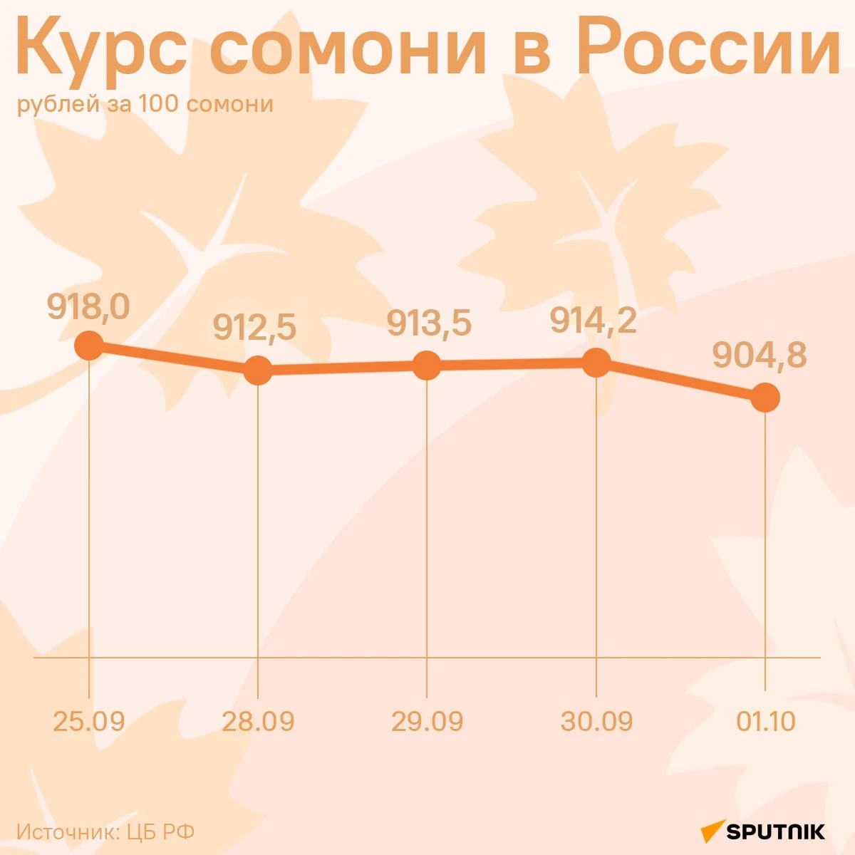 Курс сомони в России резко снизится на 9,4 рубля за сотню к четвергу, сообщает ЦБ РФ. П...