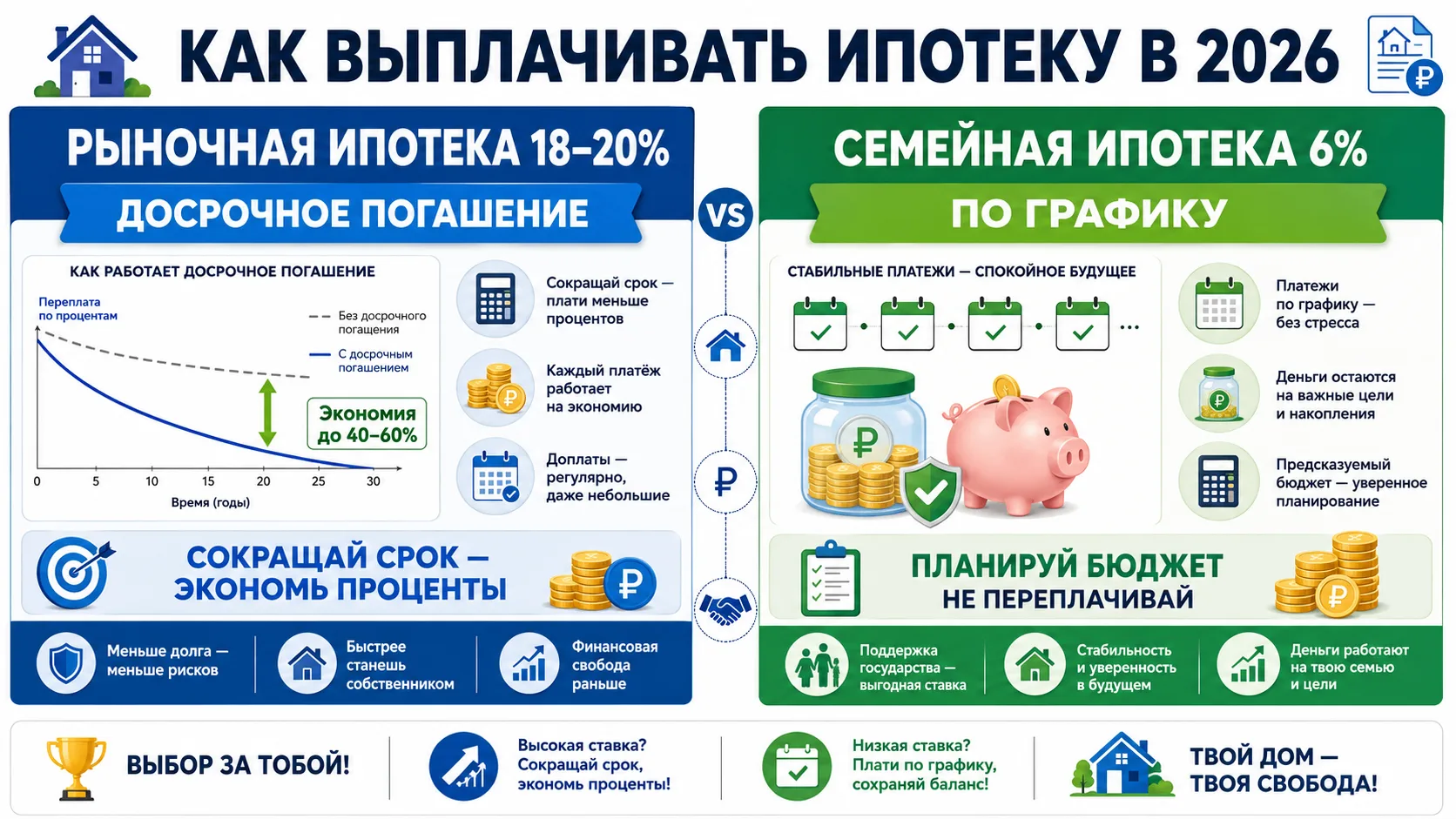 ИПОТЕКА-2026: КАК ПРАВИЛЬНО ВЫПЛАЧИВАТЬ ОБЫЧНУЮ И СЕМЕЙНУЮ
Взяли ипотеку — теперь важно грамотно её 